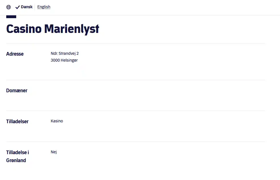Spillemyndighedens registerpost for Casino Marienlyst